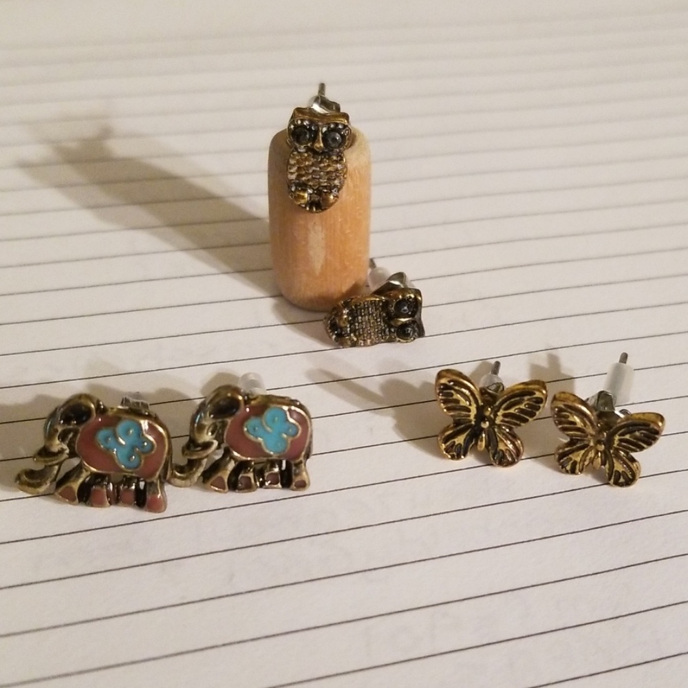 NWOT 3 Pair Studs: Elephant, Owl, Butterfly